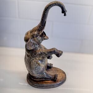 Vintage 1920’s Cast Metal Elephant Statue w Raised Trunk Incense Burner, 10.5”H